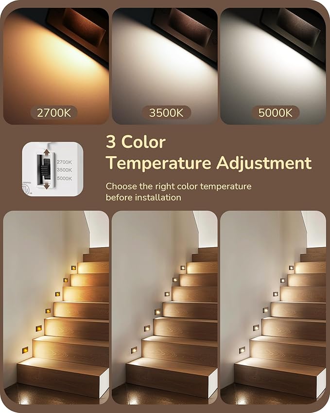 EDISHINE 6 Pack 120V 3CCT Indoor Outdoor Step Lights, 2.5W 150LM Oil-Rubber Bronze LED Stair Lights, 2700K-5000K 5%-100% Dimmable IP65 Waterproof Aluminum Concrete Step Lights, CRI90, Beam Angle 30°
