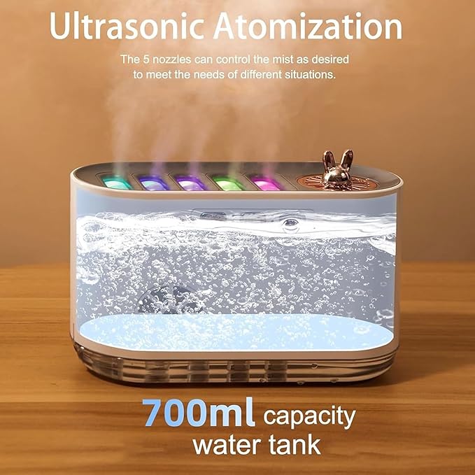 5 Nozzle Music Sync Humidifier Diffuser, RGB LED Light Show with 22 Colors & Voice Activated Mode, 700ml Cool Mist Aroma Essential Oil Diffuser for Home, Bedroom, Office, Yoga (White) (White)