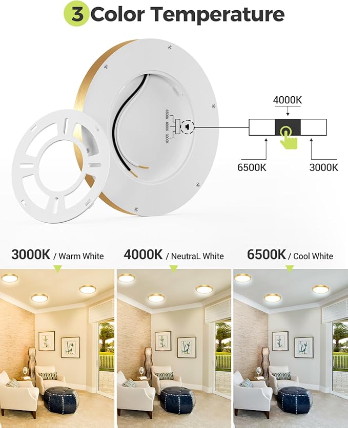 6PACK LED Flush Mount Ceiling Light, 3CCT Selectable 3000K-4000K-6500K & 100W Equivalent Modern Kitchen Recessed Ceiling Lamp 15W 1500Lm 7.5 Inch for Bathroom Closet Laundry Bedroom