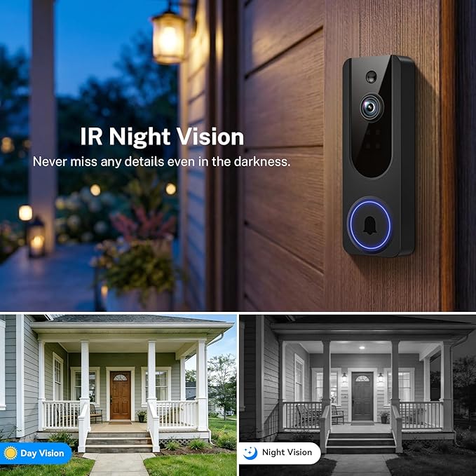 1080P Wireless Video Doorbell Camera, Battery Powered Door Chime, Night Vision, 2-Way Audio, Smart AI Human Detection, Cloud Storage, Home Security Door Bell