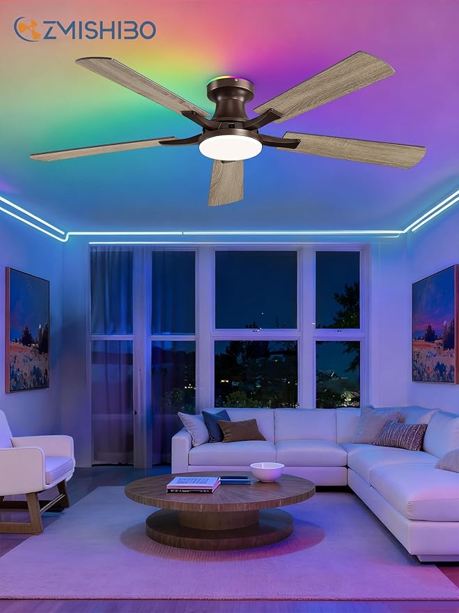ZMISHIBO 52 Inch Ceiling Fan with RGB Lights, Low Profile Flush Mount with Alexa/App/Remote, Dimmable 20W LED Light, Brown Farmhouse for Living Room, Bedroom, Game Room
