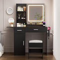 Vanity Desk with Mirror and Lights & Extral Foldable Desk, 35.43" & 43.3" Makeup Vanity Table with Stool and Plug Outlet, 5 Drawers and Open Shelves Dressing Table for Bedroom,Black