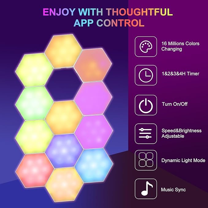 Neoglint 12 Pack Hexagon Lights - Smart App & Remote Control RGB LED Wall Panels, Music Sync Honeycomb Modular Lights with Timer, DIY Gaming Room Decor & Night Light, Cool Gifts for Men & Kids