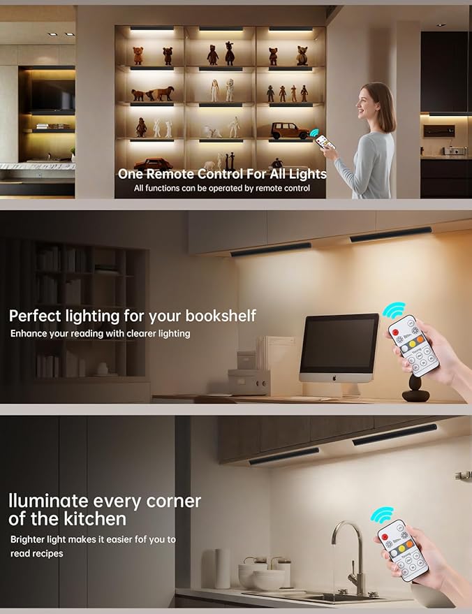 Under Cabinet Lighting Wireless, 2400mAh Rechargeable Cabinet Light, Battery Operated, Magnetic, Stick on, 106 LED 3-Color Shelf Lights, dimmable, with Remote Control(Black, 2-Pack, 12.2 inch