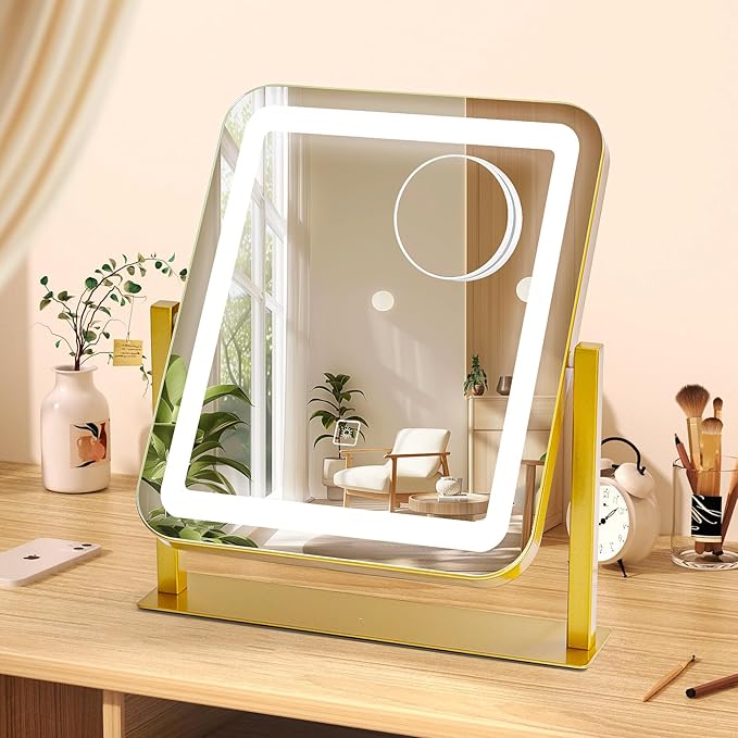 Vanity Mirror with LED Lights, 14.8x12.6 Inch Makeup Mirror, 3-Color Dimmable Touch Screen, 5X Magnification, 360° Rotation, Gold Tabletop Mirror for Bedroom Vanity