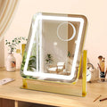 Vanity Mirror with LED Lights, 14.8x12.6 Inch Makeup Mirror, 3-Color Dimmable Touch Screen, 5X Magnification, 360° Rotation, Gold Tabletop Mirror for Bedroom Vanity