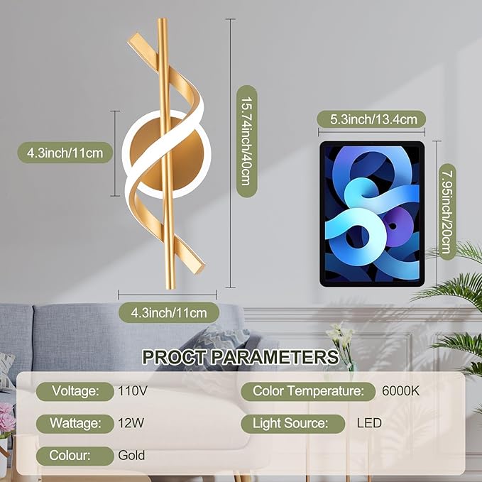 LED Wall Sconces Indoor, 12W LED Wall Mount Lights, Modern Spiral Wall Lamp, 6000K Cold Light Fixture for Stairs, Living Room, Bedroom, Aisle, Hallway (Cold White, Gold)