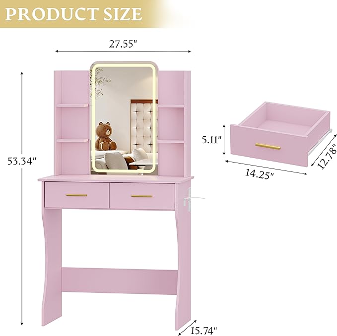 Vanity Desk with LED Lights Mirror & Power Outlet, Small Makeup Vanity Table Set with Storage Drawers, 3 Lighting Modes & Adjustable Brightness, Dressing Table for Women Girls Bedroom, Pink(NO Stool)