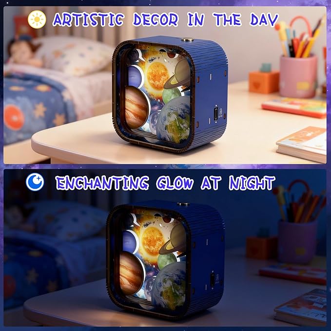 3D Wooden Puzzle Night Light DIY LED Wooden Lamp Kit for Adults Desk Decor Educational Art Project Table Ornament and Unique Gift (Solar System)