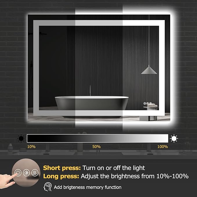 40X30 LED Bathroom Mirror with Lights, Anti-Fog, Dimmable, Backlit + Front Lit, Smart Bathroom Vanity Mirror, Memory Function, Shatterproof, Tempered Glass (Horizontal/Vertical)