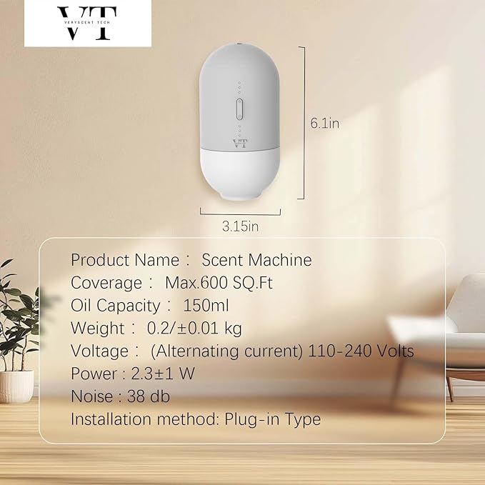 Plug in Waterless Oil Diffuser and 5 OZ Essential Oil for 600 Sq. Ft Room Home Hotel Office, Mini Wall Mounted Smart Scent Air Freshener Machine with Bluetooth App, House Outlet Aroma Diffuser White