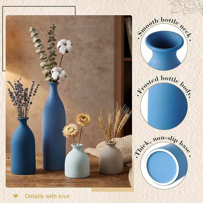 Dandat Blue Ceramic Vase Set of 4, Modern Decorative Ceramic Vases Rustic Pottery Centerpiece Table Decor for Farmhouse Bouquet Pampas Grass Dried Fresh Flowers, Living Room, Kitchen, Bedroom