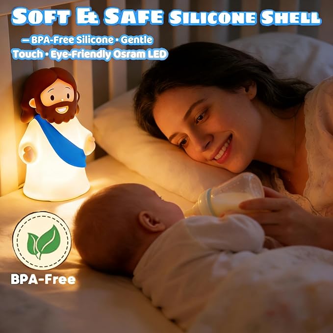 Jesus Night Light Rechargeable Bedside Lamp, Dimmable Silicone LED Religious Gift & Decor, Portable & Cordless for Baptism, Sunday School & Church Gathering Gifts, Christmas and Easter Holiday Gifts