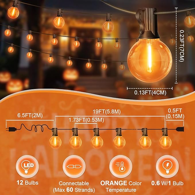 LAMPHOME LED Outdoor String Light, 26Feet Patio Lights with 12+1 Edison Shatterproof Bulbs(1Spare), UL Waterproof Outside Lights connectable Dimmable for Backyard Porch Decor,Orange