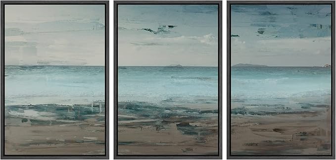 wall26 Framed Canvas Print Wall Art Set Grunge Teal & Brown Beach Shoreline Landscape Geometric Ocean Digital Art Minimalism Nautical Multicolor for Living Room, Bedroom, Office - 16"x24"x3 Black
