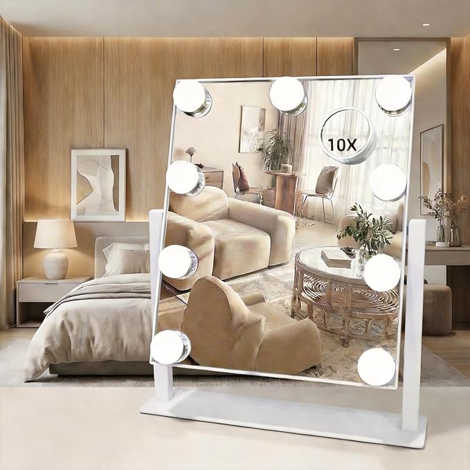 Makeup Vanity Mirror with Lights 13.77"x 11.81" LED Makeup Mirror Detachable 10X Magnification, Hollywood Make Up Mirror with Lighting, Smart Touch, Rechargeable,360° Rotation, (White)