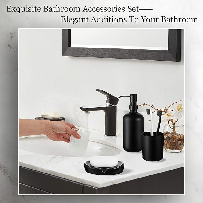 6PC Matte Black Bathroom Accessories Set with Glass Soap Dispenser | Modern Bathroom Organizer & Decor Set incl. Toothbrush, Qtip Holder