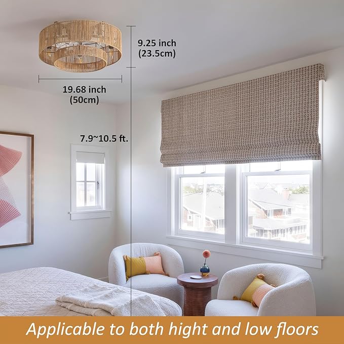 20 Inch Boho Caged Ceiling Fans with Lights Flush Mount, Layered Rattan Ceiling Fan with Light Remote Control with Reversible 6 Speeds for Bedroom, Nursery, Living Room, E12 Base, Indoor