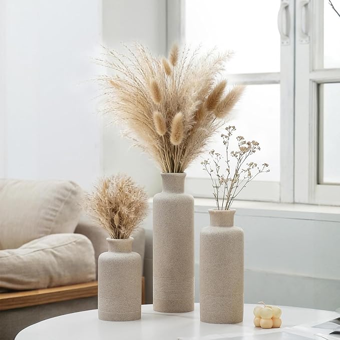Flower Vase Set, Stone Look, 3 PCS Small Decorative Bud Vases for Pampas Grass, Farmhouse Decor, Kitchen, Living Room, Bathroom, Bedroom, Office, Shelf Centerpiece Table Decoration (Beige)