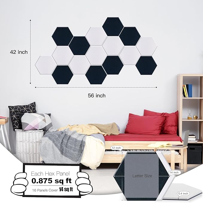 Mollywell Hexagon Acoustic Panels 14x12 - Reduce Echo & Reverb, Noise Blocking Wall Tiles for Home Office & Studio, Deep Blue & White Sound Absorbing Panels