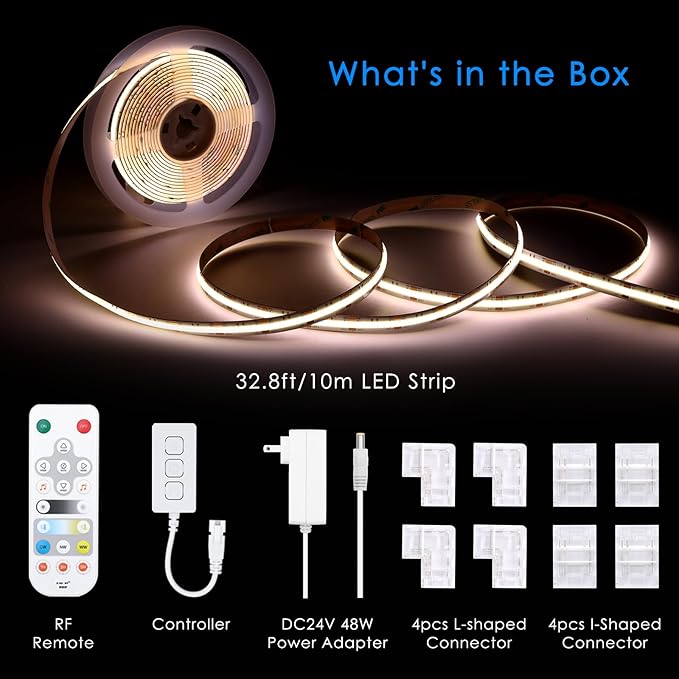 CCT COB Smart LED Strip - 32.8ft/10m Tunable White 2700K-6500K 24V Dimmable Strip Light with Remote 6400LEDs CRI90+ Compatible with Alexa/Google Assistant Cuttable Tape Light for DIY Indoor Lighting