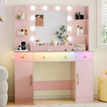 Vanity Desk with Mirror and Lights, 43'' Makeup Dressing Table Set with 5 Drawers & Power Outlet, 3 Lighting Modes Brightness Adjustable, Vanity with RGB Ambient Light for Women Girls Bedroom, Pink