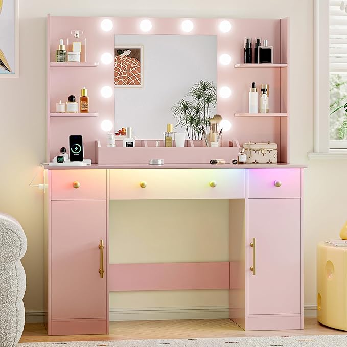 Vanity Desk with Mirror and Lights, 43'' Makeup Dressing Table Set with 5 Drawers & Power Outlet, 3 Lighting Modes Brightness Adjustable, Vanity with RGB Ambient Light for Women Girls Bedroom, Pink