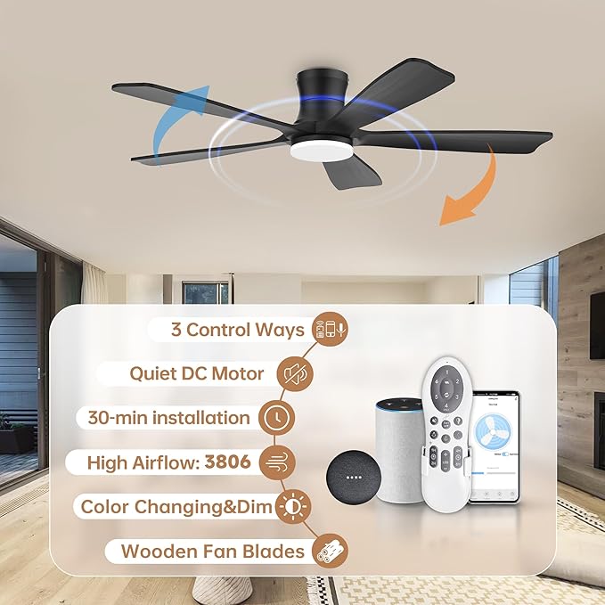 52"Wood Smart Flush Mount Ceiling Fans with Lights Remote,Control via WIFI Alexa Google App,6 Speed,Quiet DC Motor,Modern Black Outdoor Indoor Low Profile Ceiling Fan for Bedroom Patio Porch