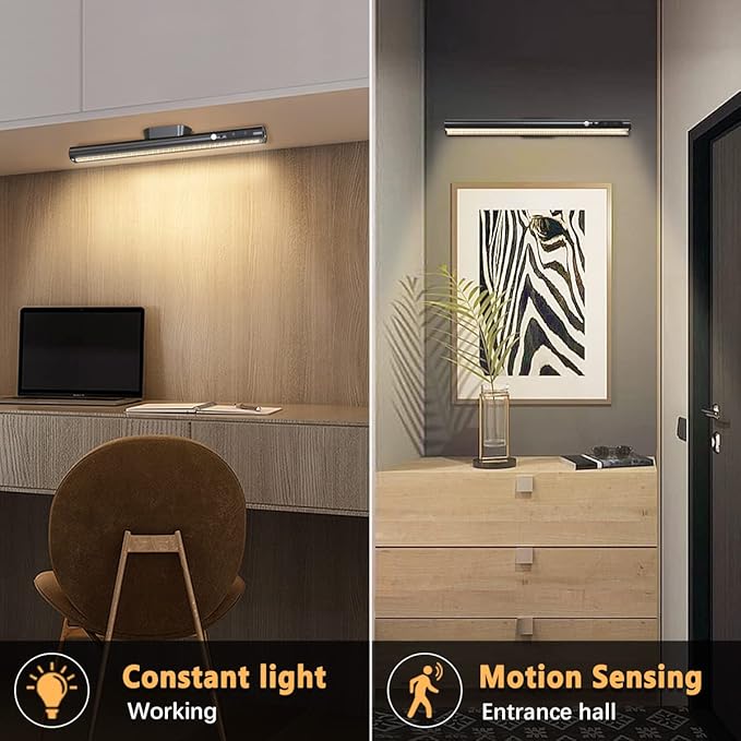 Hapfish Motion Sensor LED Light Bar Indoor, Rechargeable Under Cabinet Lighting Wireless, Magnetic Battery Powered Operated Wall Strip Lights with Remote Control for Desk Mirror Closet Kitchen -Black