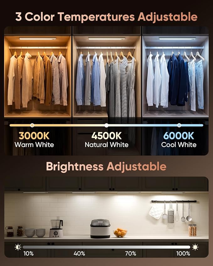 12inch Under Cabinet Lighting Wireless, 152LED Motion Sensor Light Indoor, USB Rechargeable Closet Lights, 3 Color Temps & Dimmable, Stick On Under Counter Lights for Kitchen, Pantry, Stairs, 5 Pack