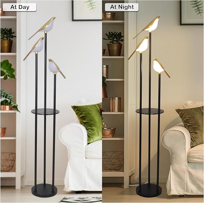 Black and Gold Floor Lamp, Bird Floor Lamp with Shelves, Modern floor Lamps for Living Room, 3-Light Corner Standing Lamp, LED Stand Up Lamp, Tall Lamp for Bedroom, Office, Cute Lighting Decor