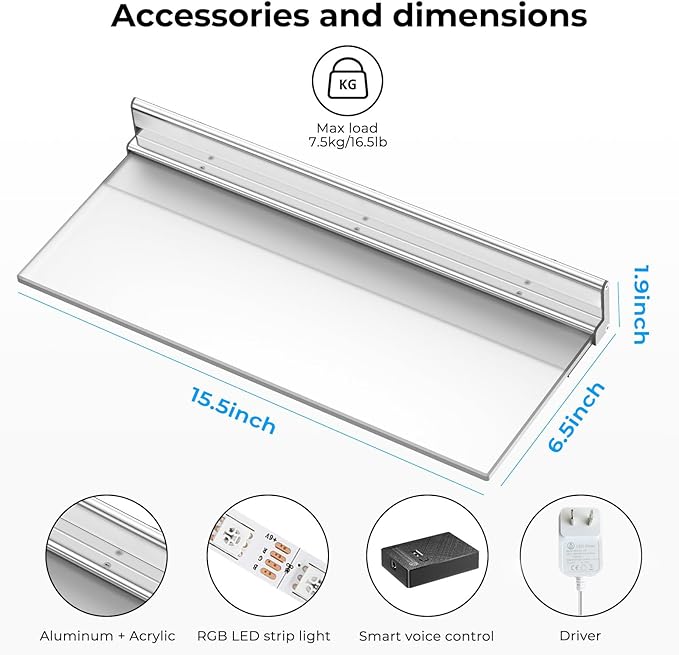 VST Floating Shelf with RGB Light, Compatible with Alexa Google Assistant App Remote Control, Handwave ON/Off, Metal Wall Mounted Light Emitting Shelves for Living Room Bathroom Bedroom, 2 Pack