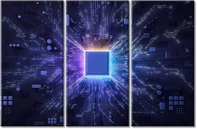 CPU Concept Wall Decor Posters and Prints 3 Panels Circuit Board Pictures Wall Decor for Bedroom Art Prints Giclee Wooden Framed Gallery-Wrapped Ready to Hang (42" Wx28 H)