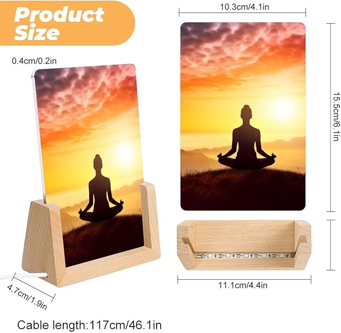 Night Light Acrylic Night Lights with USB Cables Yoga Meditation Acrylic Display Boards with Wooden Light Base Dimmable Night Lights for Home Bar Cafe Office 15.5x10.3cm