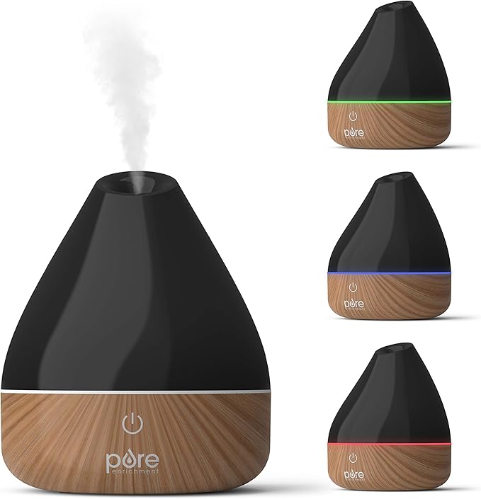 Pure Enrichment PureSpa Natural Aromatherapy Oil Diffuser (Black) - Ultrasonic Air Deodorizer with 200ml Water Tank, Wood-Grain Accents, Soft Color-Changing Lights, and Auto Safety Shut-Off