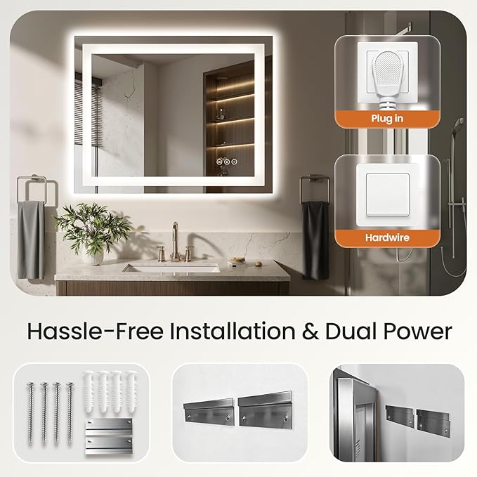 30X36 LED Bathroom Mirror with Lights, Anti-Fog, Dimmable - Lighted Bathroom Vanity Mirror with Front & Back Light, 3 Color Temperatures, Memory Function, Tempered Glass (Horizontal/Vertical)