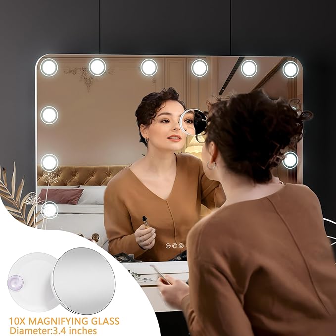Hasipu Vanity Mirror with Lights, 32" x 24" Makeup Mirror, Light up Mirror with 14 Dimmable LED Lights and 10X Magnification, 3 Colors Modes, Touch Control, USB Charging Port, White (Round)