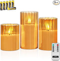 Rhytsing Gold Ribbed Glass Battery Operated LED Candles with Remote, Flameless Candle Gift Set with Timer, Warm White Light- Include 6 Batteries - Set of 3