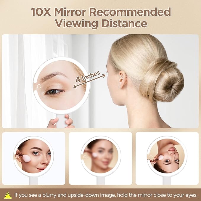 Portable Travel Makeup Mirror with Lights - 3 Color Dimmable Lighting, 360° Rotation, Rechargeable Double-Sided 1X/10X Magnifying Mirror, Adjustable Brightness for Tabletop, Home & On-the-Go Use