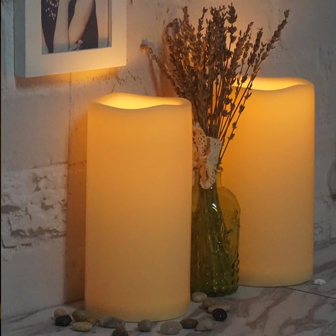 Battery Operated Plastic Flameless LED Pillar Candle with Cycling Timer, 4''x8'' Realistic Flickering Electric Light for Outdoor Bookshelf Wedding Dinner Party Centerpiece Fireplace Decor 2 Pack