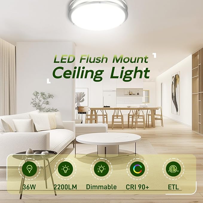 hykolity 16 inch Dimmable LED Flush Mount Ceiling Light Fixture, Nickel, 36W, 2200LM, 2.7/3/3.5/4K/5K Adjustbale, 120°Light Angle, CRI90, Ceiling Lamp for Bedroom, Kitchen, Office, ETL Listed 2Pack
