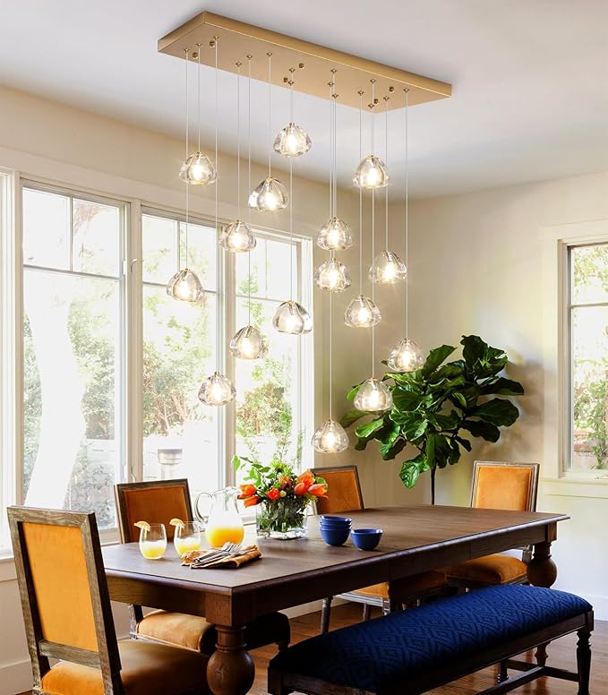 W27.6 x D11.8 x H118 Rectangular Glam Chandelier Bubble Crystal Ceiling Pendant Lights Dimmable High Ceiling Chandeliers Fixtures Adjustable Long Lights Antique Gold