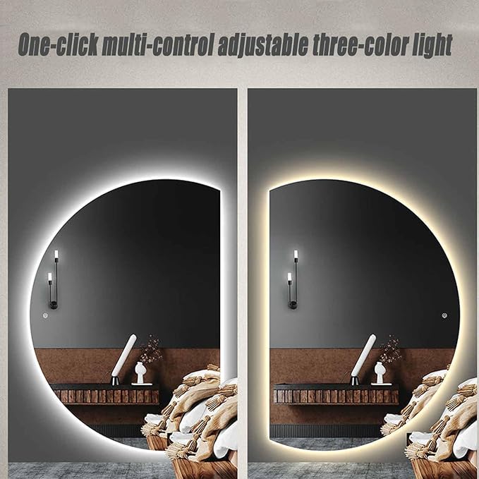 47" Half Moon LED Bathroom Mirror - Anti-Fog Dimmable Backlit with 3-Color Lights, Smart Touch Switch and Time Display, Frameless Vanity Wall Mirror for Bedroom/Entryway (Right Semicircle)