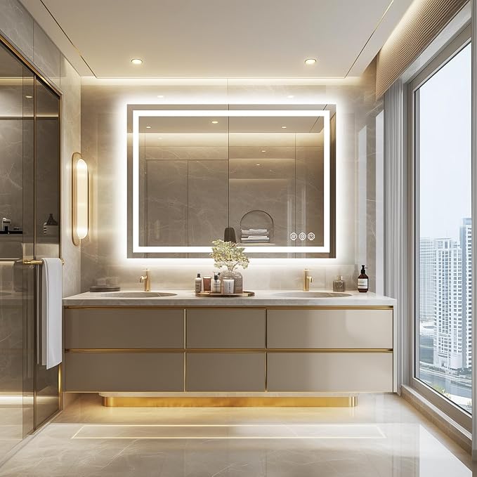 LED Bathroom Mirror, 48"x36" with Frontlit and Backlit Anti-Fog Mirror with Lights LED Vanity Mirror for Bathroom 3 Colors Temperature & Dimmable Bathroom Mirror with HD Tempered Glass