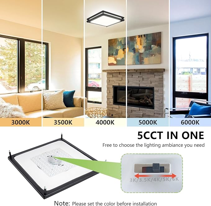 Square Ceiling Light Fixture - 36W 3000K/3500K/4000K/5000K/6000K Adjustable Flush Mount Led Light for Bathroom Bedroom Kitchen Hallway (8 Pack Black(5CCT), 12 Inch)