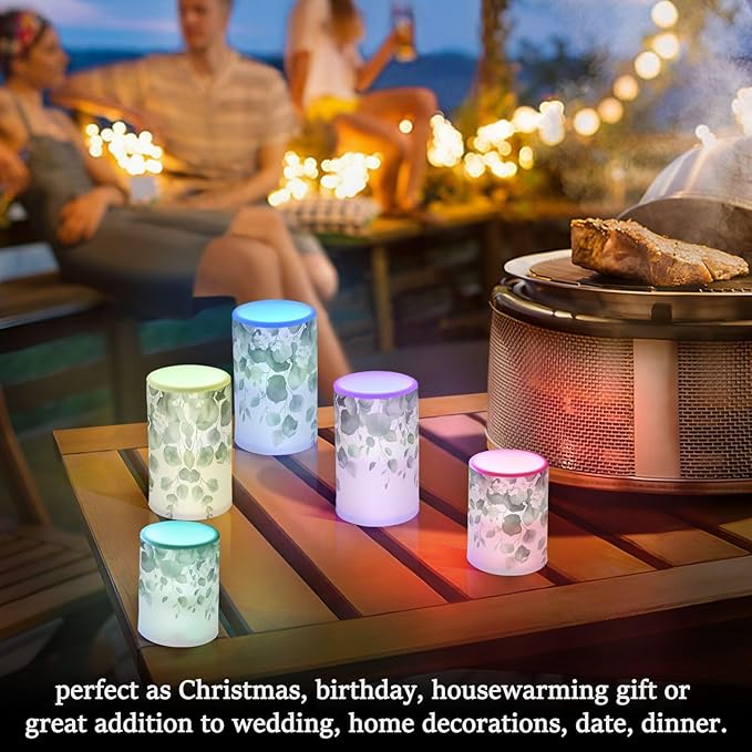 Watercolor Leaf and Flower Pattern Flameless Candles Color Changing LED Candles with Remote Control Battery Candles for Outdoor and Indoor Home and Room Decoration, 3'' x 4''/5'' Set of 2 Pieces