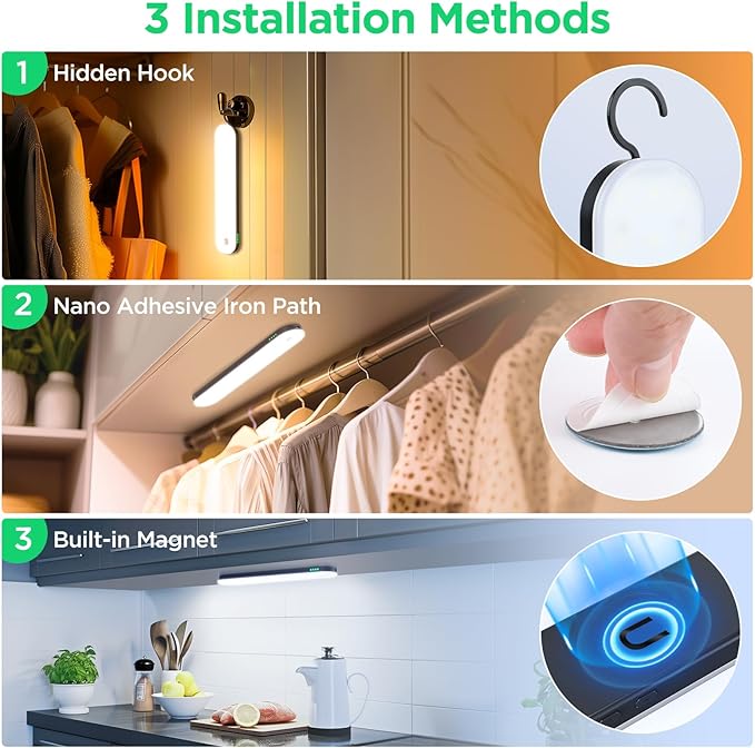 deerdance Under Cabinet Lighting, Motion Sensor Lights Indoor with Soomth Dimming, 2600mAh Rechargeable Closet Lights Wireless, Magnetic Under Counter Lights for Kitchen Hallway Stairs, 6-Pack