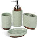 RQYIXI Elegant 4 PCS Ceramic&Wood Bathroom Accessories Set:Soap Dispenser,Toothbrush Holder,Tumbler,Soap Dish,Easy to Clean,Quatrefoil Pattern,Green-Affordable Luxury for Home Decor Enthusiasts