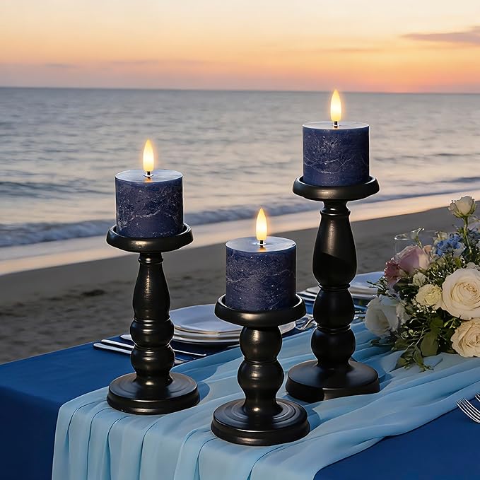Navy Blue Flameless Candles with Remote and Timer, 3"x3" Real Wax Battery Operated Pillar Candles with 3D Flickering Flame, Set of 3