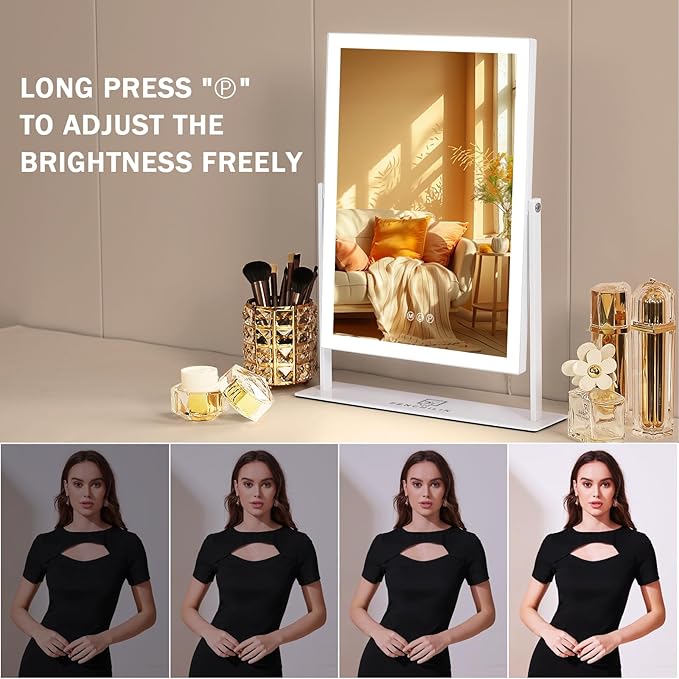 FENCHILIN Vanity Mirror with Lights 16.14" x 11.81",Lighted Makeup Mirror and Hollywood Mirror with Smart Touch Control 3 Colors Dimmable LED Light, 360°Rotation 10X Magnification(White)